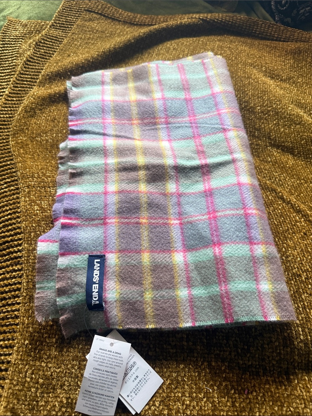 Lands' End Pastel Plaid Scarf in Mint, Lavender & Pink